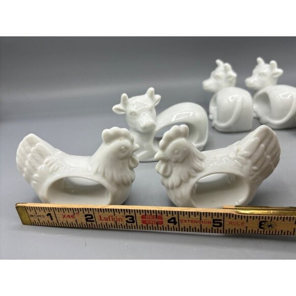 Vtg Japan Set Of 6 White Porcelain Animal Napkin Rings Duck Chicken Cow Farmhous - Picture 7 of 7